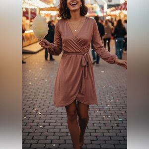Halogen Long Sleeved Sparkle Wrap Dress in Rust Marsala
